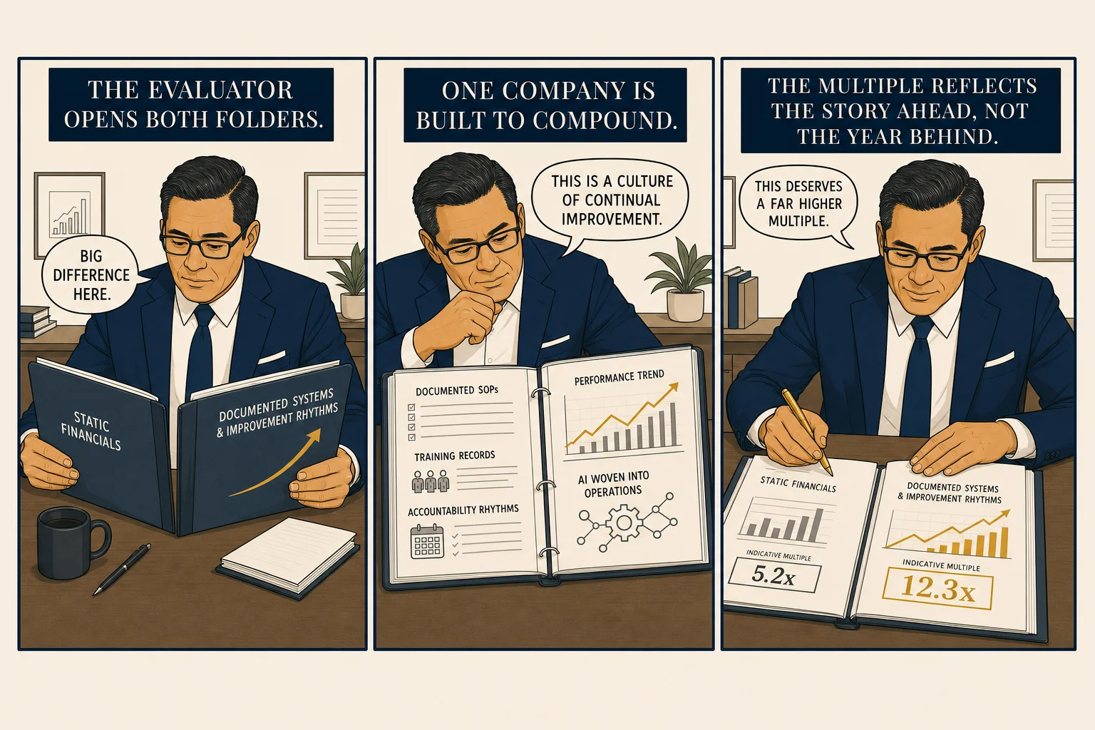 Three-panel comic: M&amp;A evaluator opens two folders — one static, one showing documented systems and a rising improvement curve; evaluator leans in on the compounding one; gold pen marks a higher multiple on it while the other sits untouched.