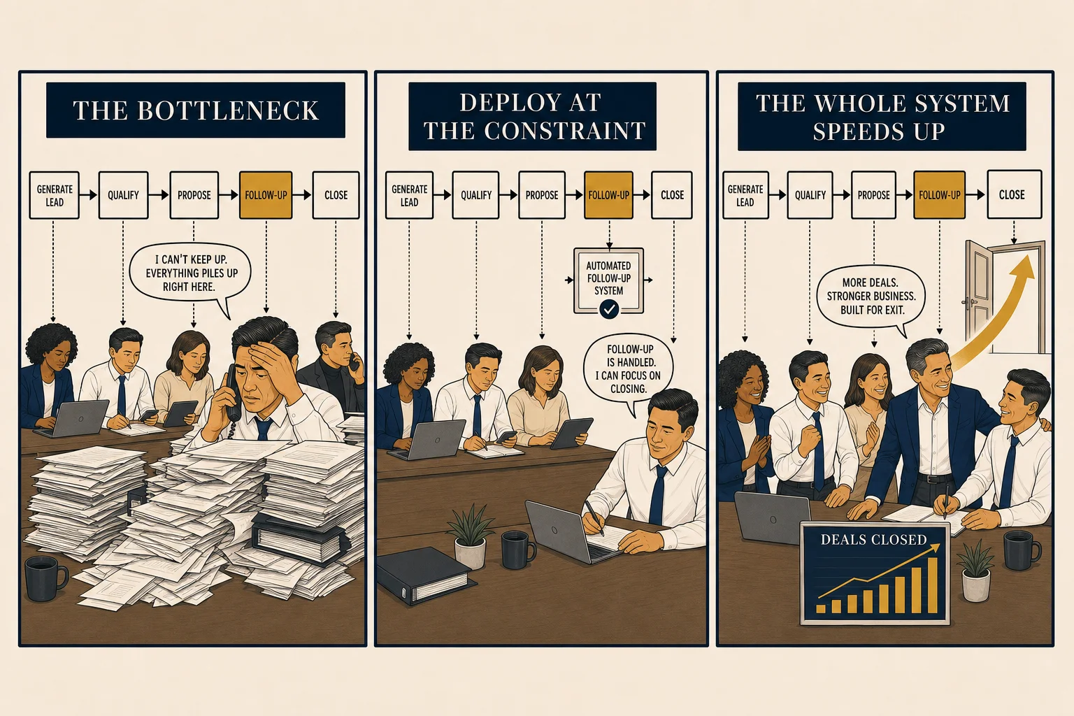 Three-panel comic: a business sequence with work piling up at one bottleneck step; AI deployed at that constraint, the backup cleared, whole sequence flowing; the same team producing higher output with a rising throughput curve.
