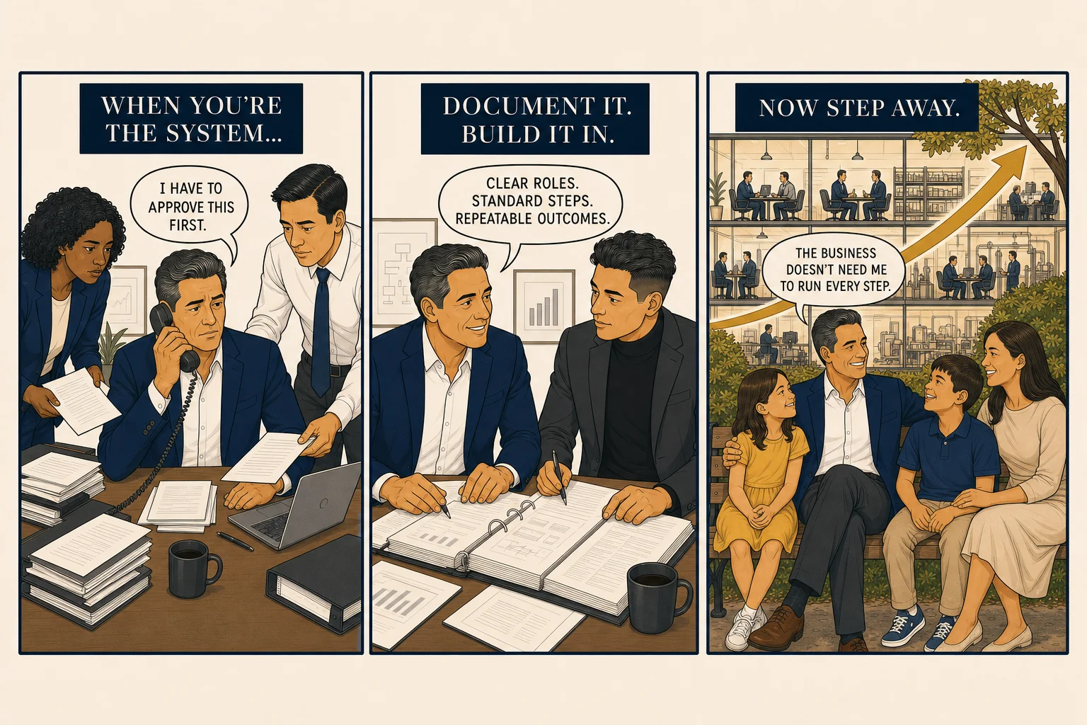 Three-panel comic: owner overwhelmed at his desk with staff crowding in from all sides; then owner and trainer building procedure binders together at a table; finally owner relaxed on a park bench with his children while the business floor runs confidently behind them.