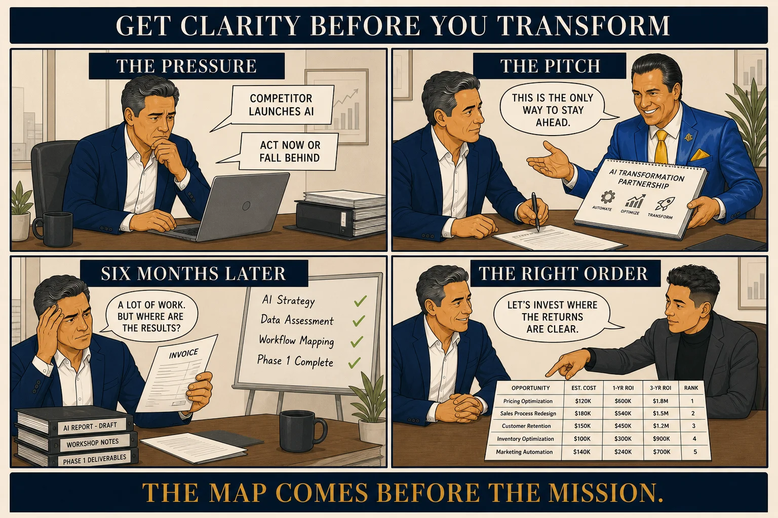 Four-panel comic: pressure hits as a competitor launches AI; contract gets signed without a map; months later a big invoice arrives with green checkmarks but no real results; the right order shows the owner in control with a ranked list before the partner even starts.