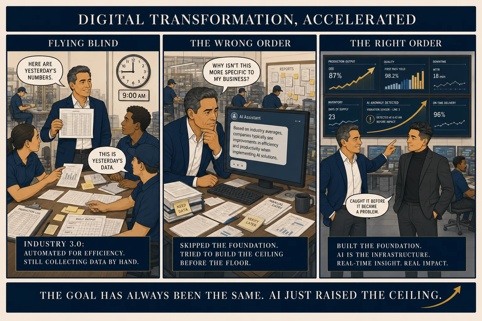Three-panel comic: supervisor at a morning meeting with yesterday's hand-filled spreadsheet — flying blind; owner jumps straight to AI without a data foundation and gets generic useless output; the right order shows real-time dashboards on the wall with AI embedded in the operation and a gold growth curve rising.