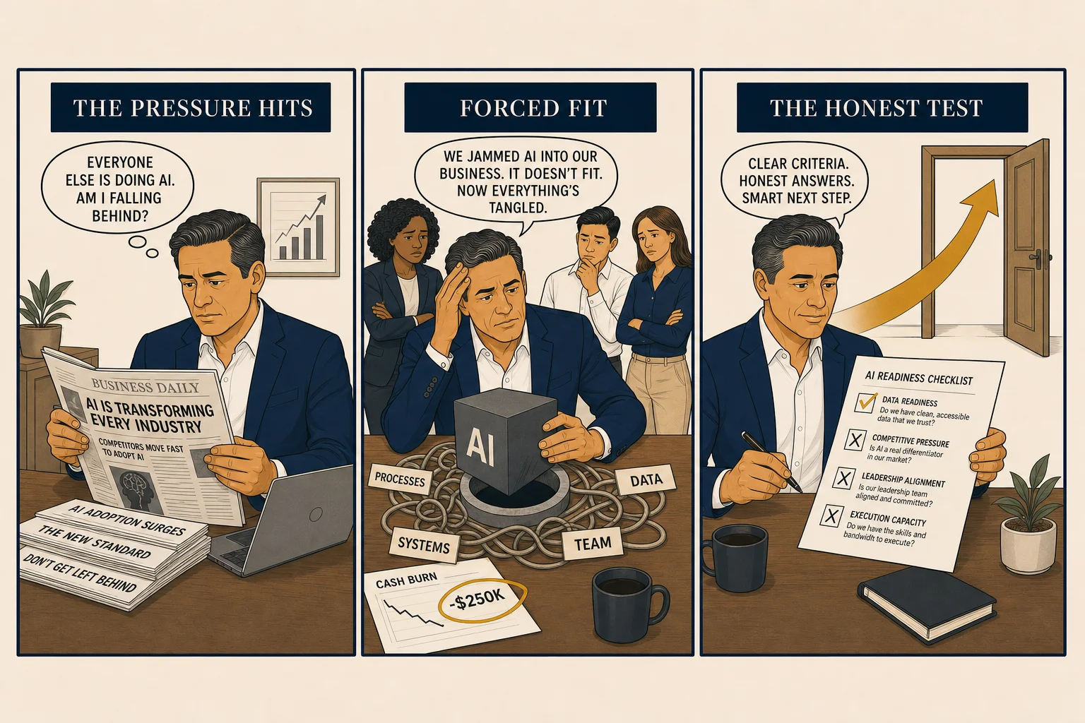 Three-panel comic: competitors announce AI under pressure and the owner feels the urgency; he forces AI into an operation that isn't ready and watches $250k burn; an honest checklist reveals the foundational work that actually comes first.