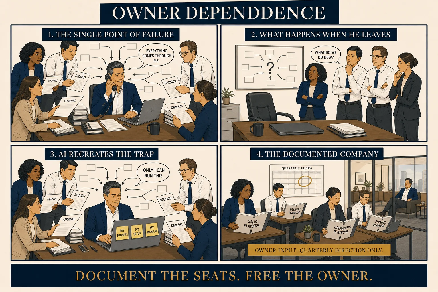Four-panel comic: Panel 1 — every team arrow routes to a single owner at the center (single point of failure); Panel 2 — owner's desk sits empty, team frozen with no one to route to; Panel 3 — AI recreates the trap with sticky notes reading MY PROMPTS / MY SETUP / MY WORKFLOW, same queue forming; Panel 4 — employees work from documented playbooks, quarterly calendar on wall, owner relaxed in background through glass door.