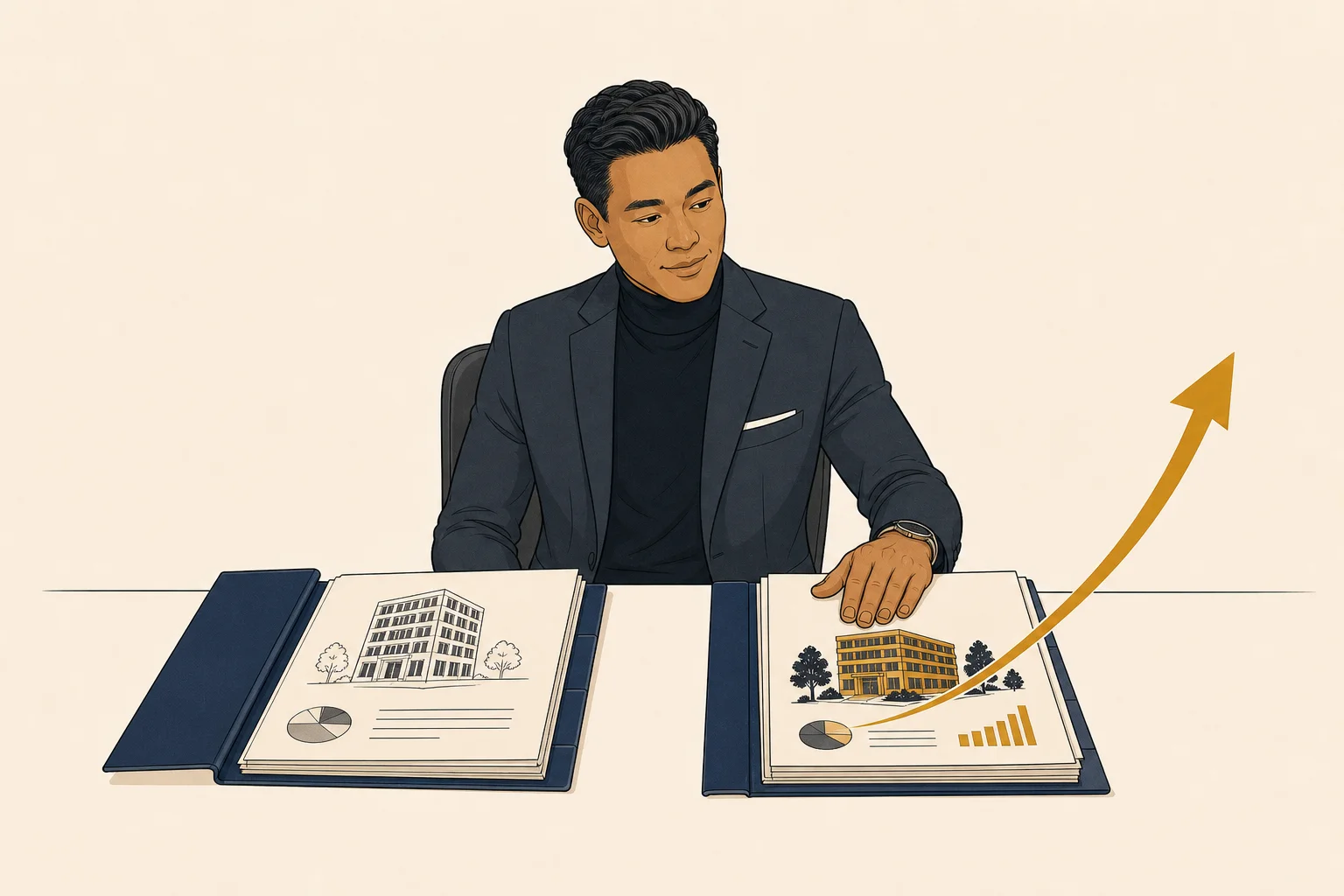 Two company folders open side by side on an M&amp;A evaluator's desk — the right folder has a gold upward arrow rising from its documents, the evaluator's hand resting on it approvingly; the left folder sits flat and unmarked; one clearly commands a premium, the other does not.