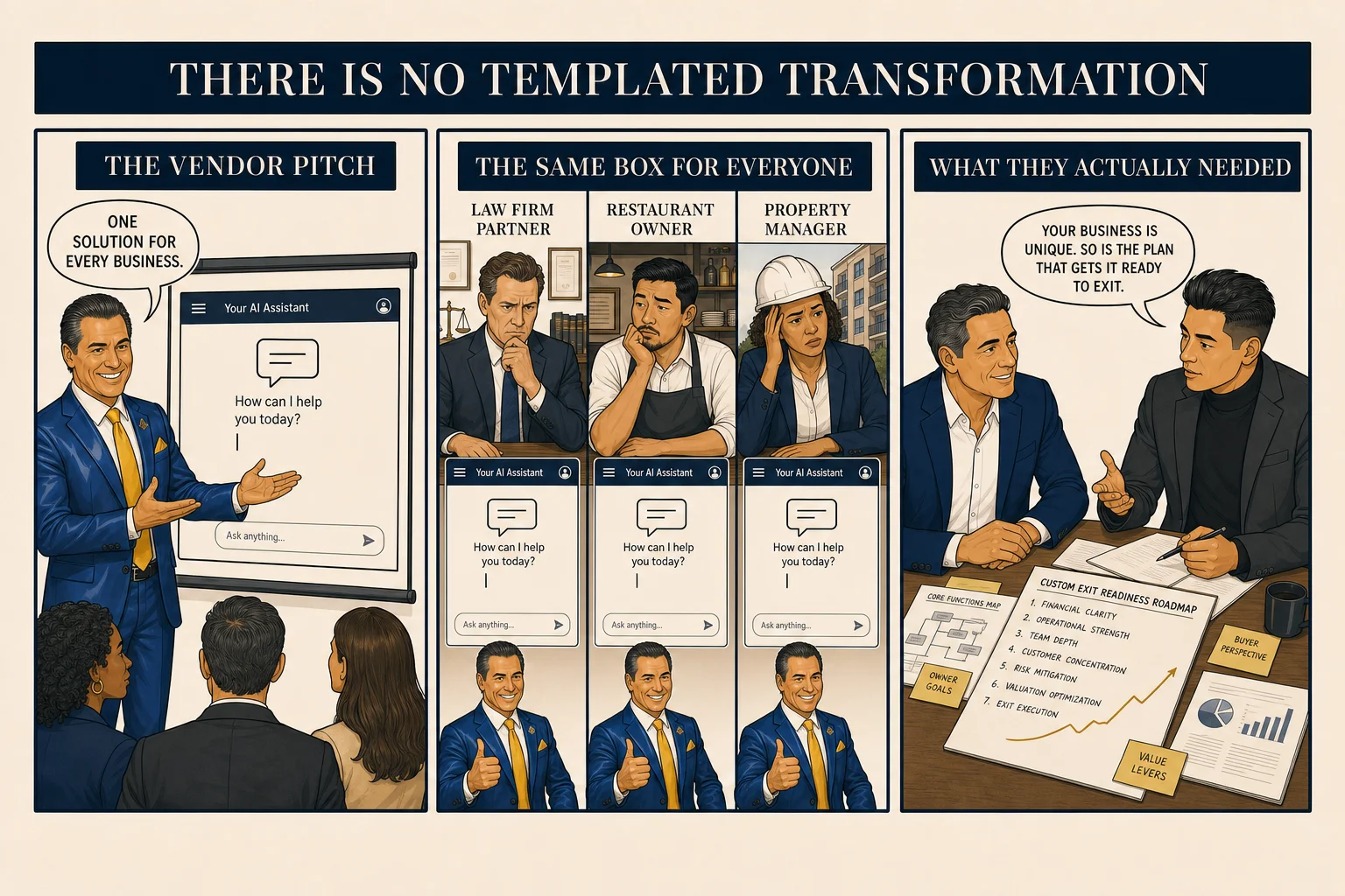 Three-panel comic: a vendor pitches the same AI dashboard to every client; the identical template gets applied unchanged to a law firm, a restaurant, and a property manager; our advisor sits down with the owner for a real discovery session shaped around their specific business.
