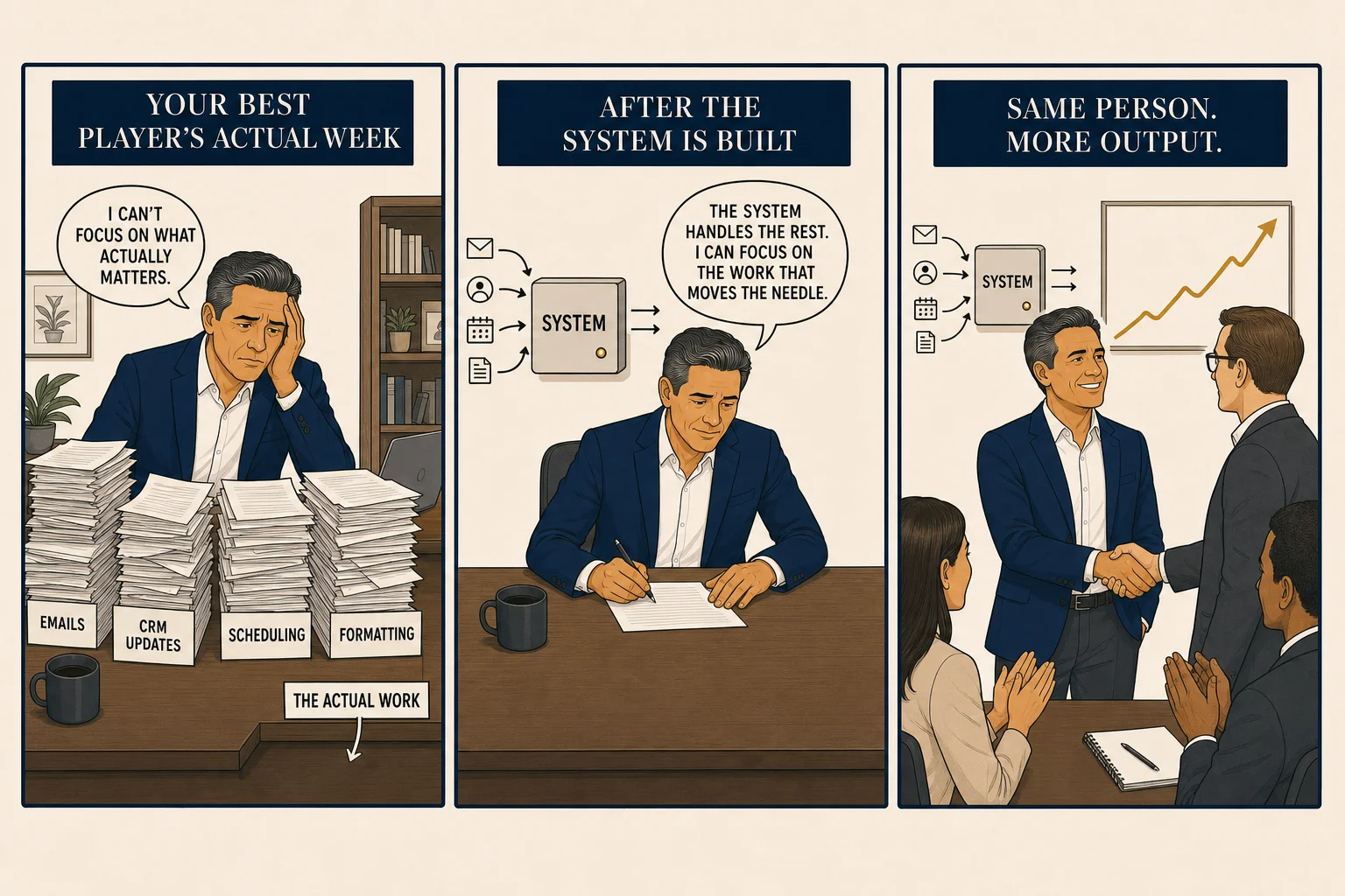 Three-panel comic: best player's week as a bar — 70% repetitive tasks, 30% real work; after transformation the bar flips — system handles the 70%, player focused on the expanded real work; split view showing the automated system still running on one side and the same player closing more deals on the other, rising gold output curve above.