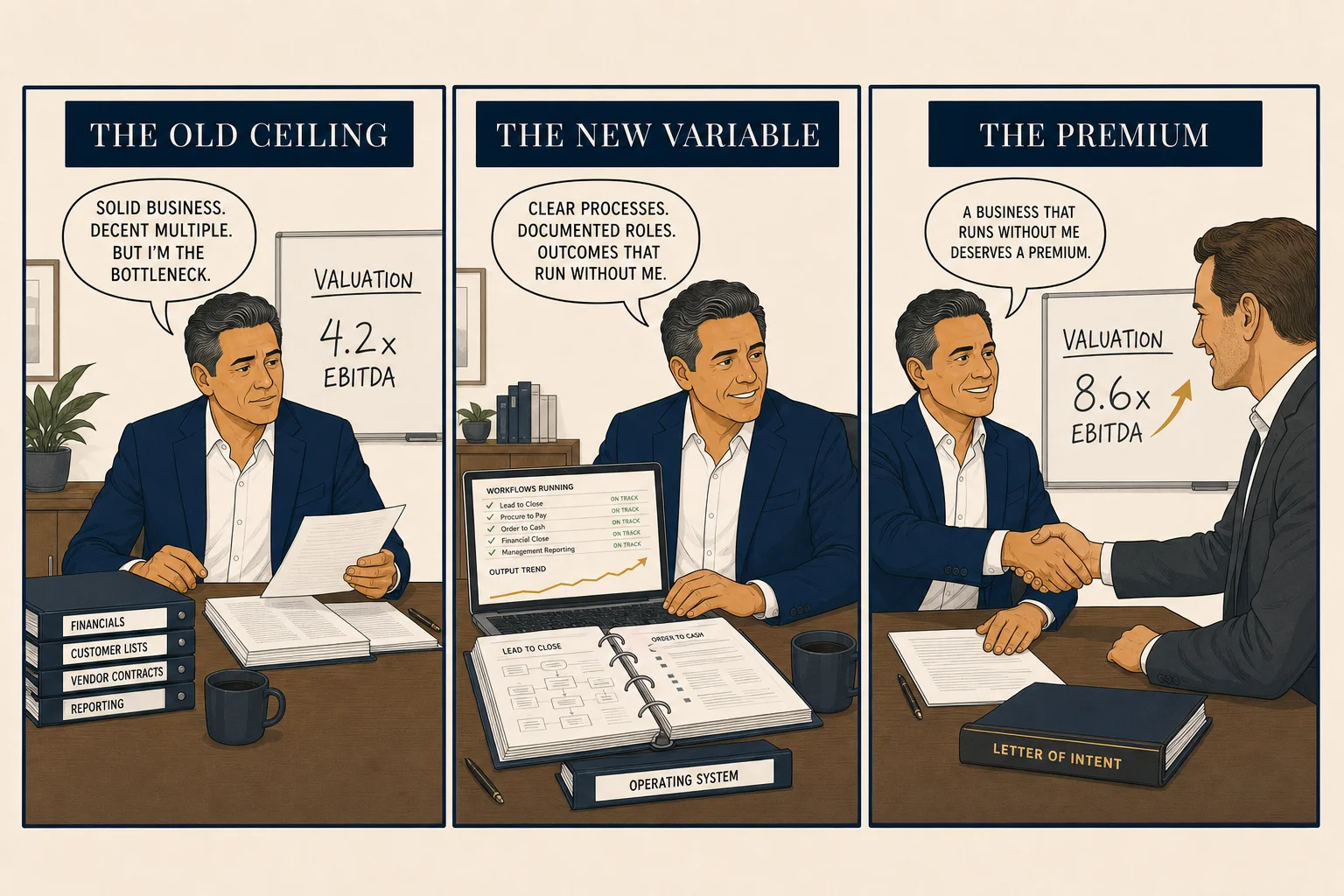 Three-panel comic: the old ceiling — owner reviews clean financials, neat binders, a modest multiple on the whiteboard; the new variable — documented process binders open on the desk, laptop showing automated workflows running, rising output on screen; the premium — owner and buyer shake hands, higher multiple on the whiteboard, confident close.